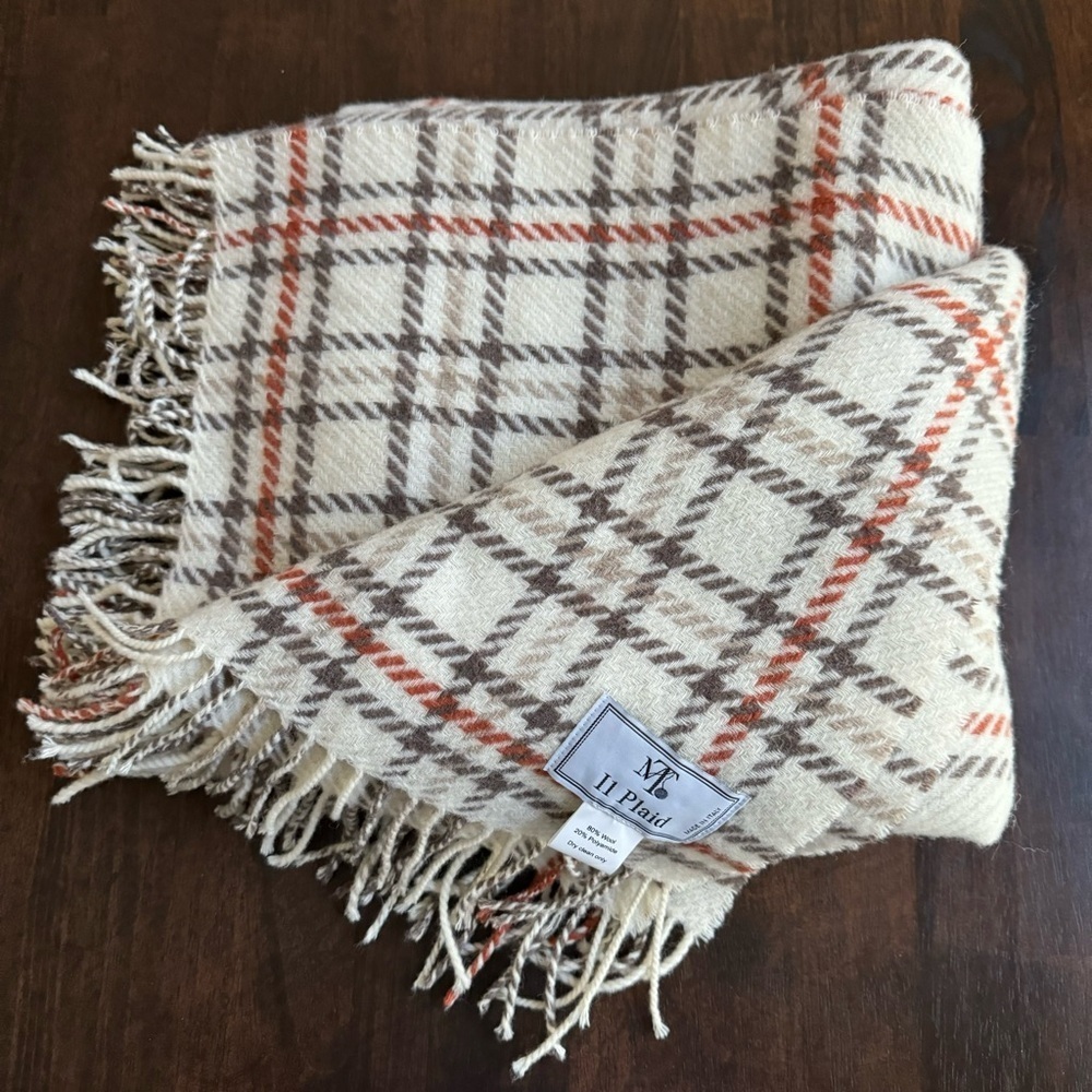 I1 PLAID | Wool Blend Throw Blanket | Made in Italy | Cream Brown Rust Plaid